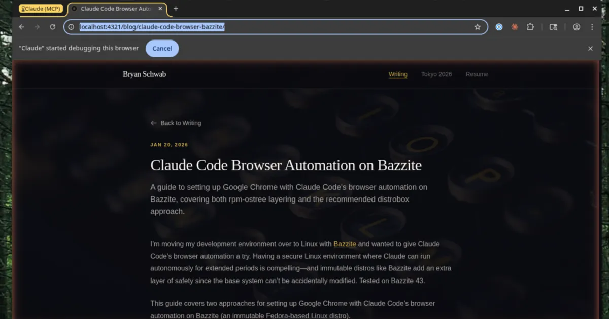 Claude Code controlling Chrome to view a local dev server