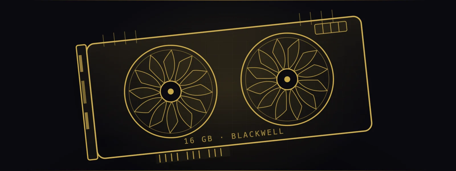 Gold line-art illustration of a dual-fan 16GB Blackwell graphics card