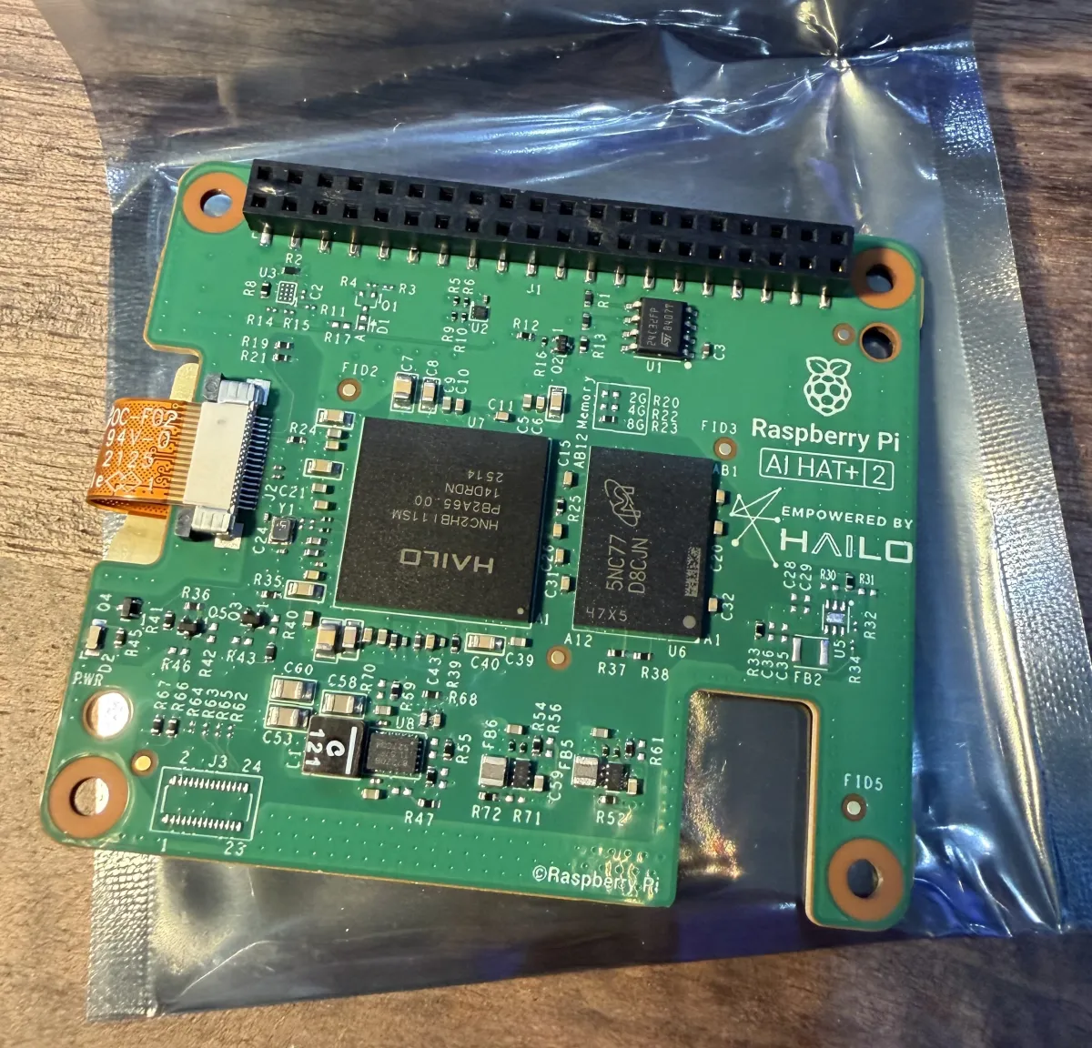 Close-up of the Raspberry Pi AI HAT+ 2 with Hailo-10H chip