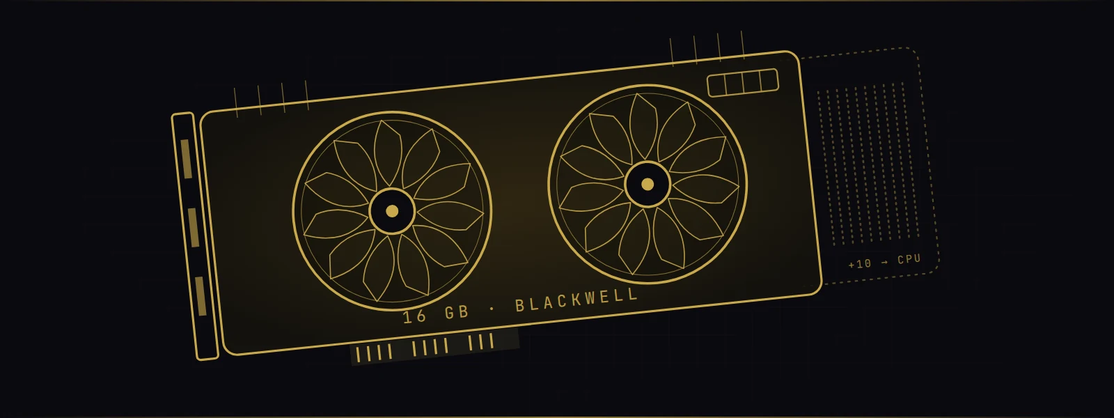 Gold line-art illustration of a dual-fan 16GB graphics card with a dashed section spilling past its edge, labeled plus 10 to CPU